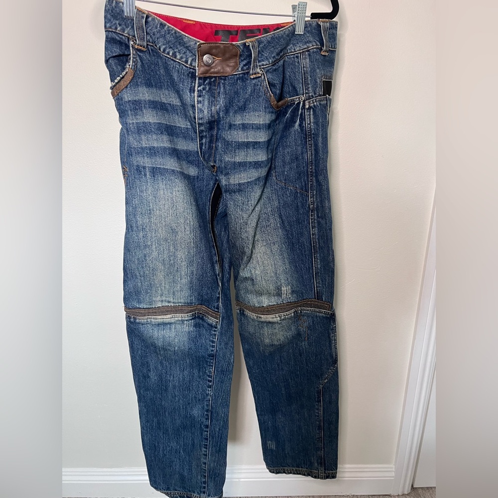 Relaxed Fit Denim Motorcycle Riding Jeans with Brown Accents